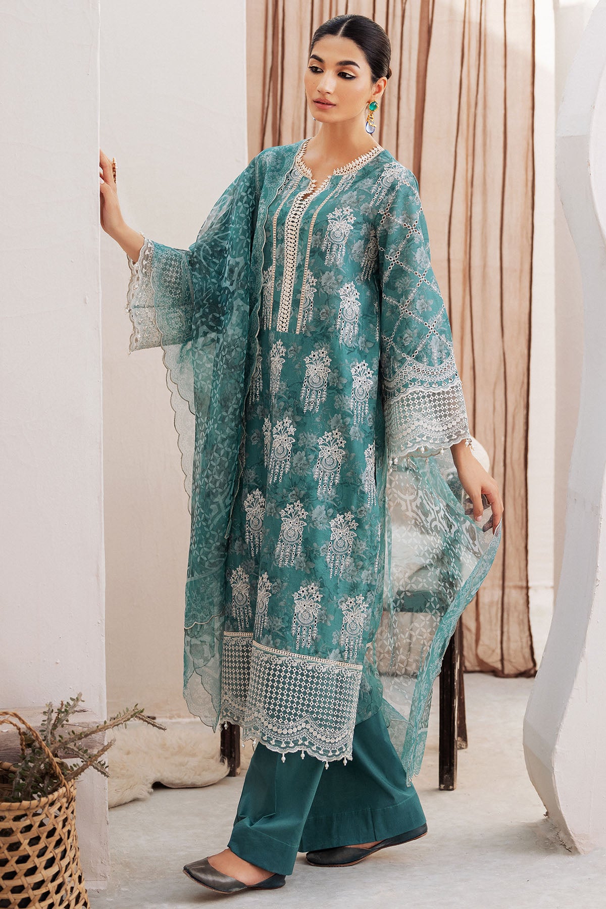 Pakistani Teal Schiffli Embroidered Lawn 3-Piece Suit - Image 2
