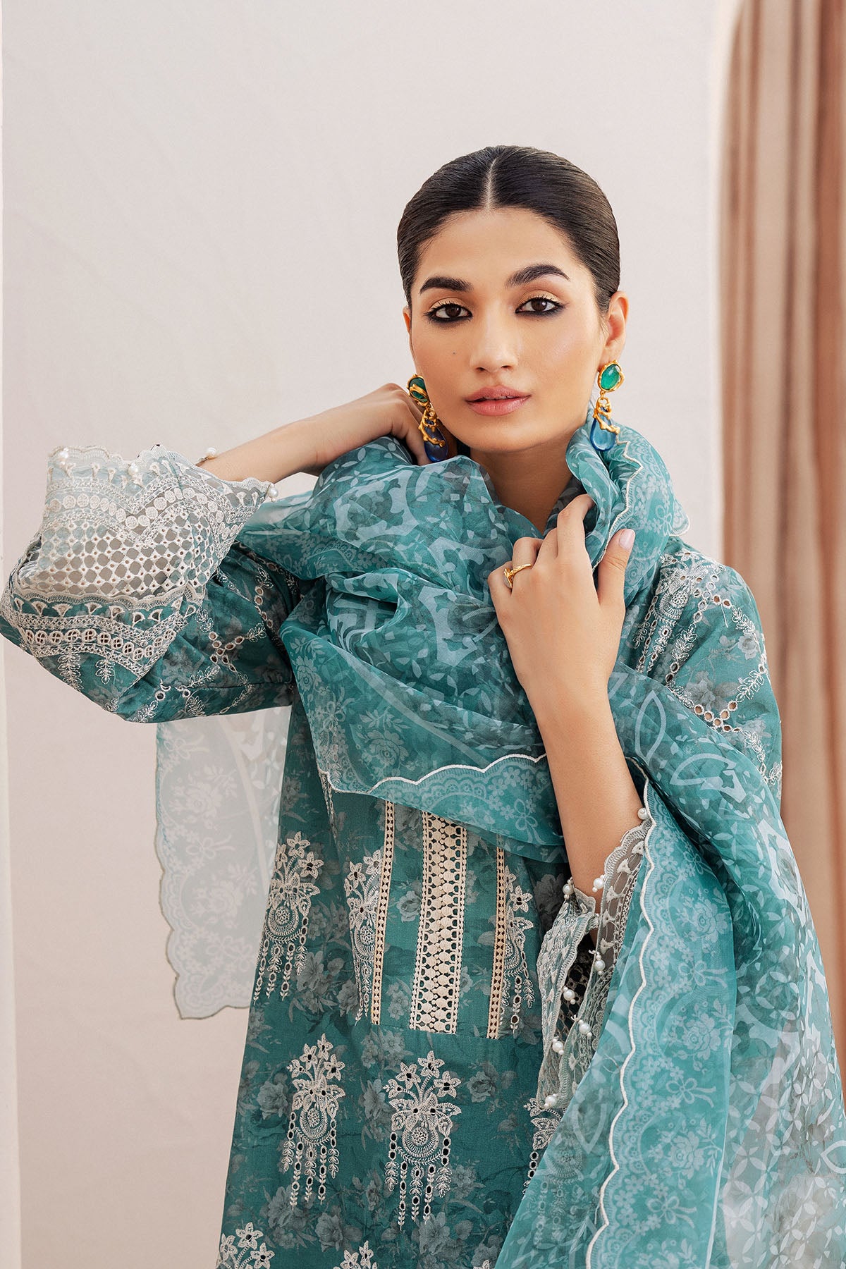Pakistani Teal Schiffli Embroidered Lawn 3-Piece Suit - Image 3