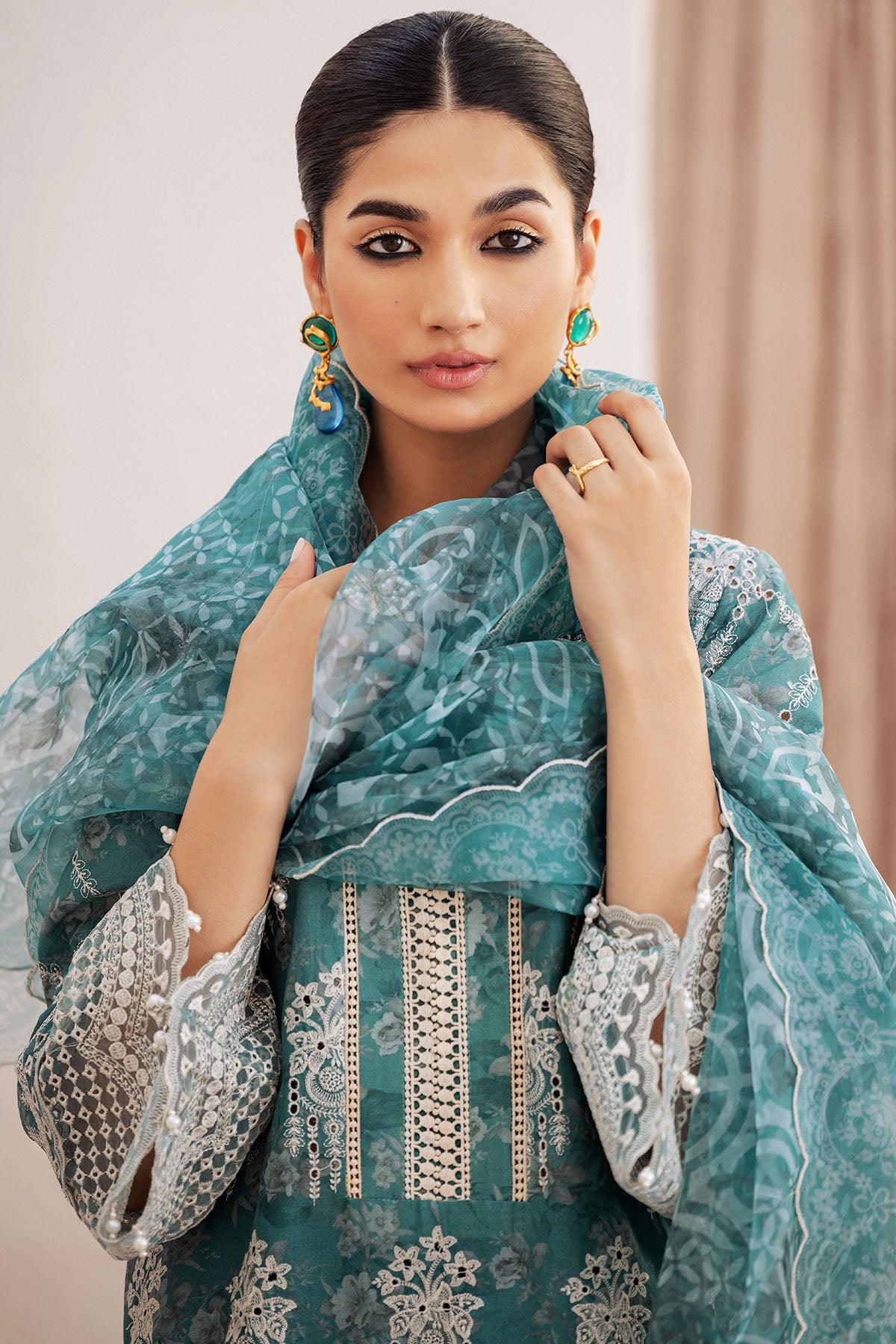 Pakistani Teal Schiffli Embroidered Lawn 3-Piece Suit - Image 4