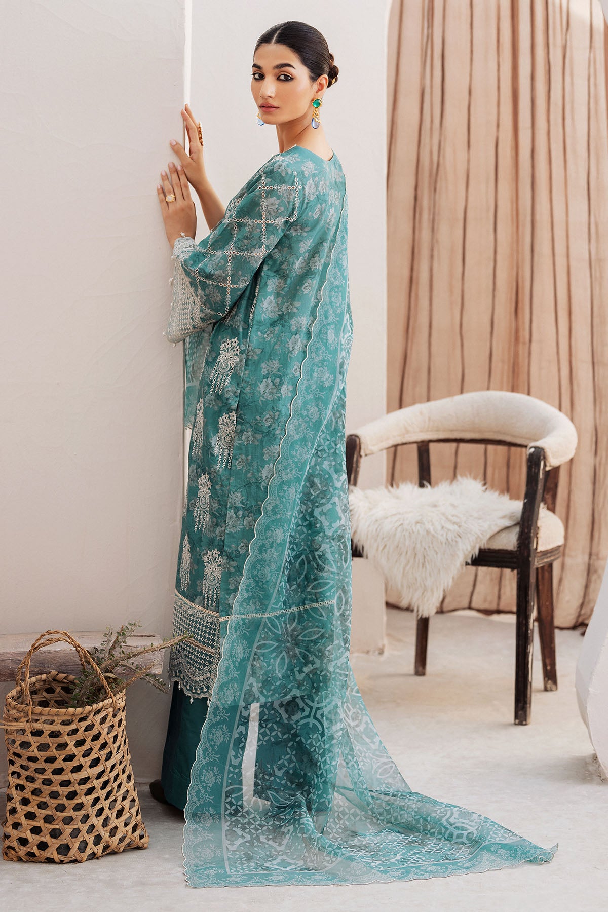 Pakistani Teal Schiffli Embroidered Lawn 3-Piece Suit - Image 5