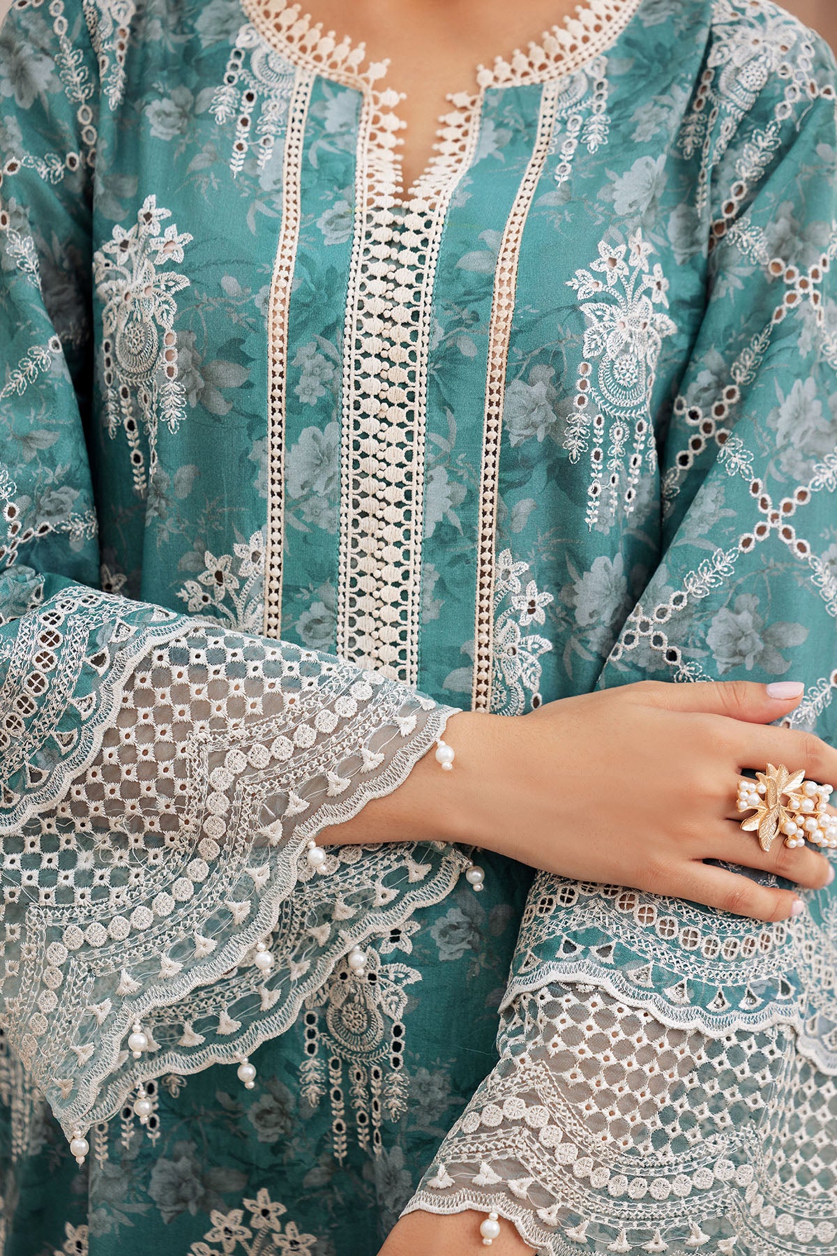 Pakistani Teal Schiffli Embroidered Lawn 3-Piece Suit - Image 6