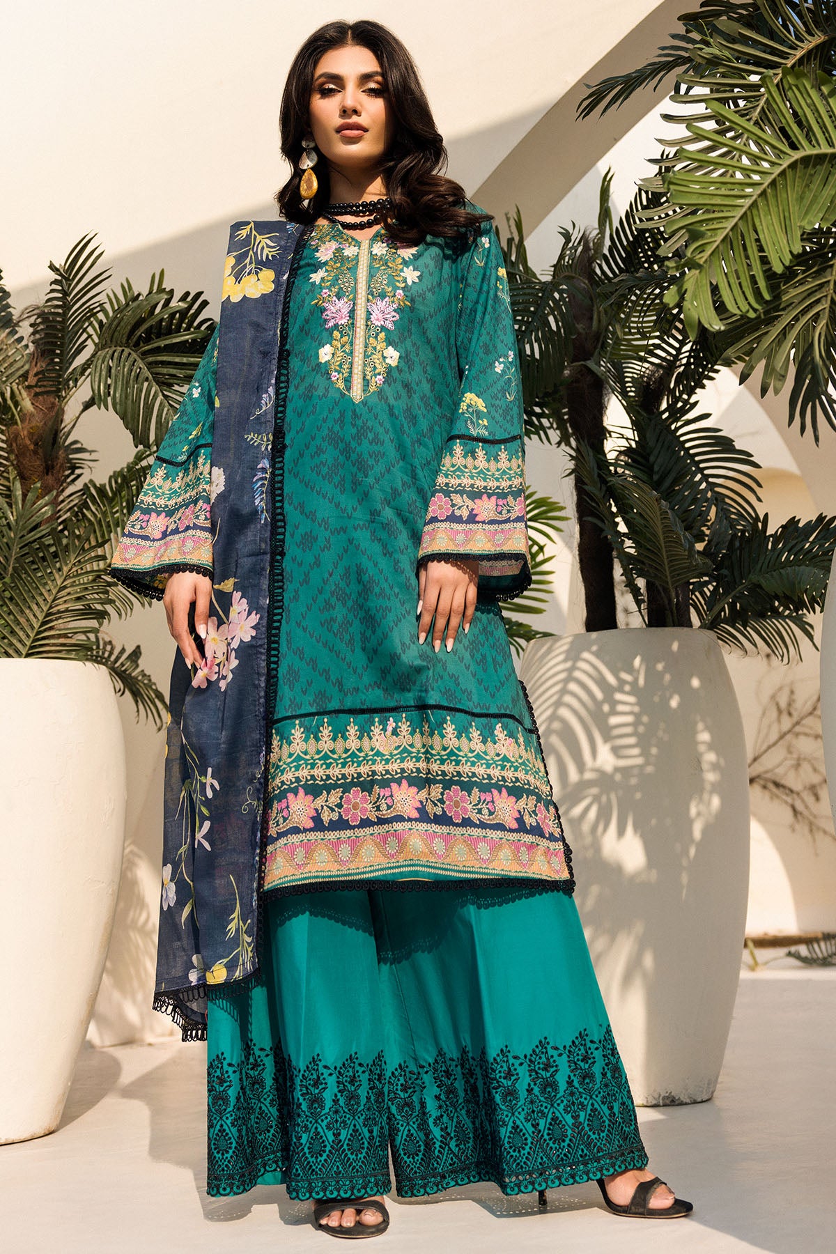 Teal Schiffli Embroidered Lawn Salwar Kameez (3-Piece) - Image 1