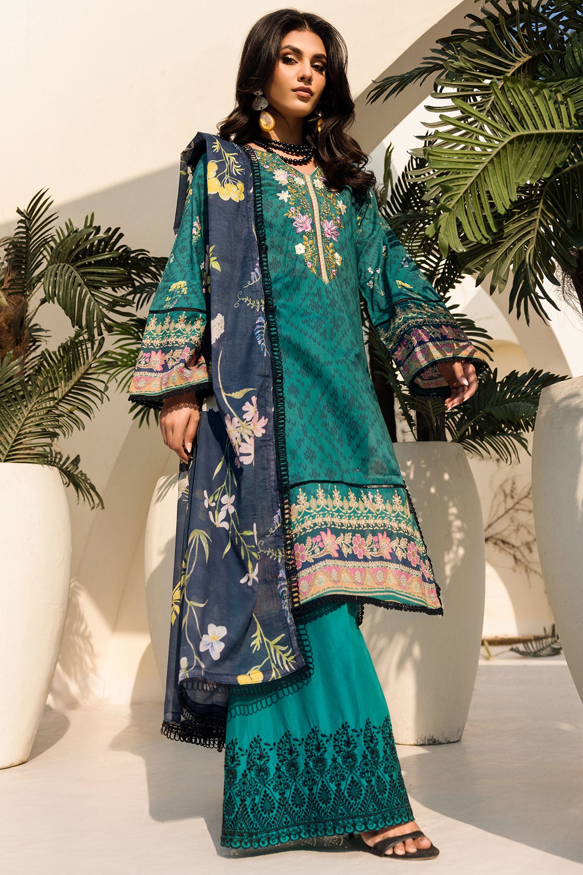 Teal Schiffli Embroidered Lawn Salwar Kameez (3-Piece) - Image 2