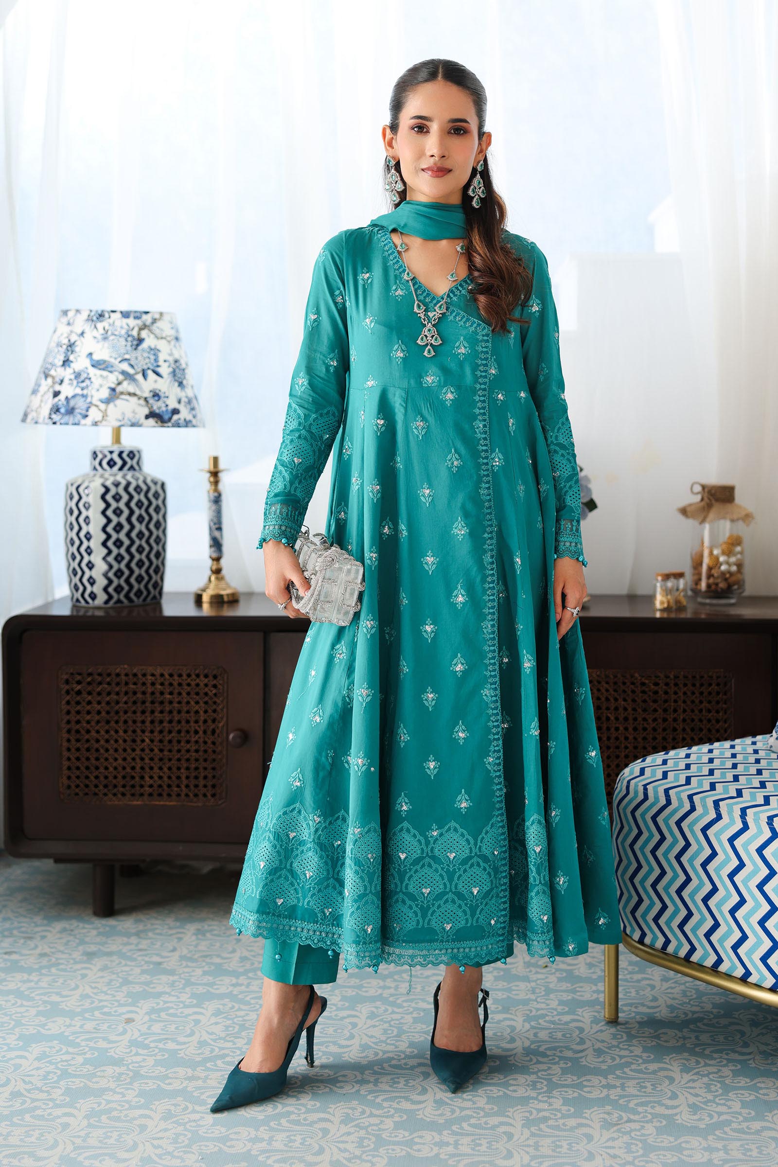 Pakistani Teal Embroidered Lawn & Cambric 3-Piece Suit - Image 1