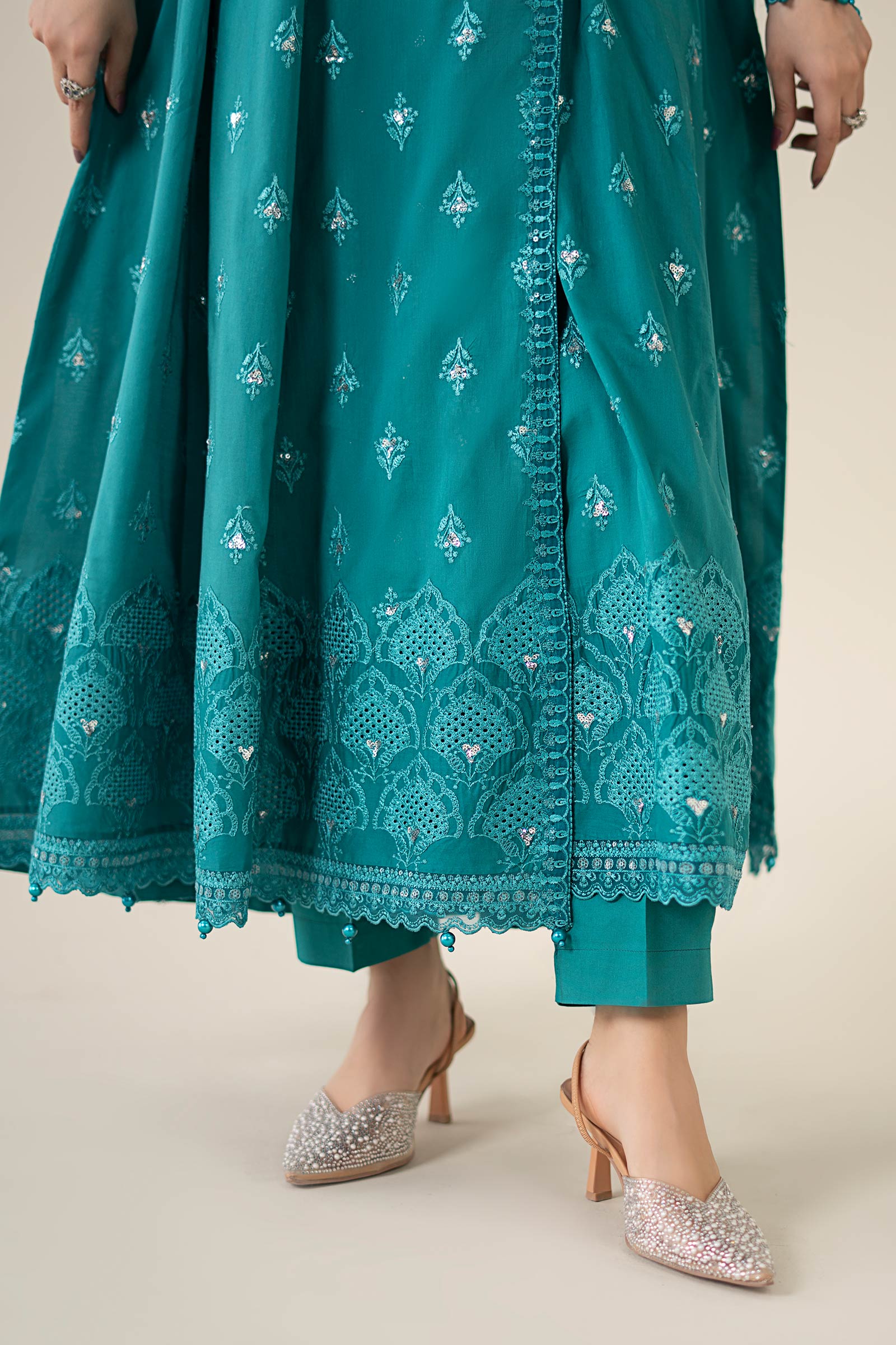 Pakistani Teal Embroidered Lawn & Cambric 3-Piece Suit - Image 11