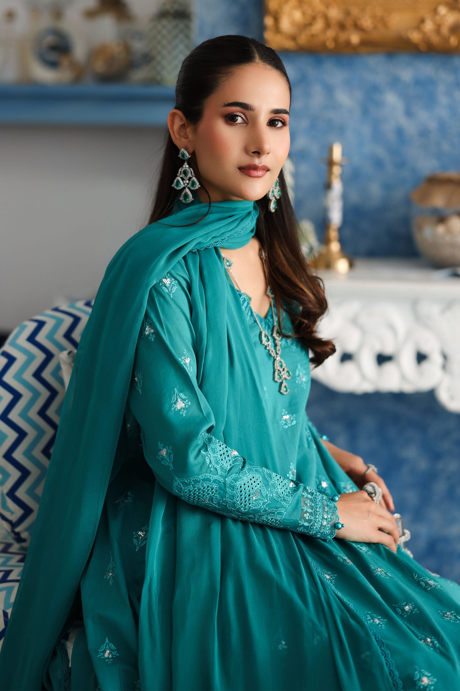 Pakistani Teal Embroidered Lawn & Cambric 3-Piece Suit - Image 3