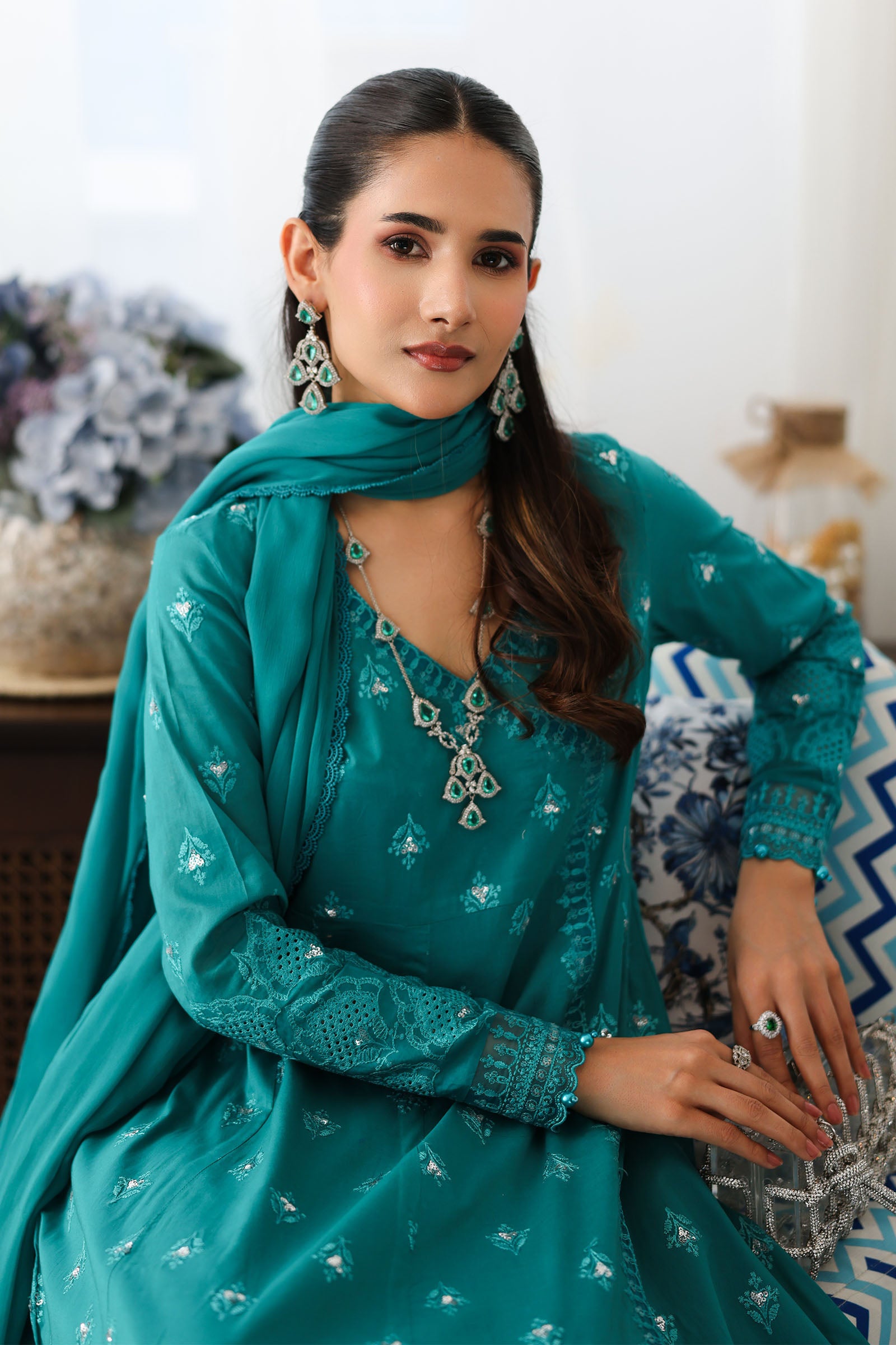 Pakistani Teal Embroidered Lawn & Cambric 3-Piece Suit - Image 4