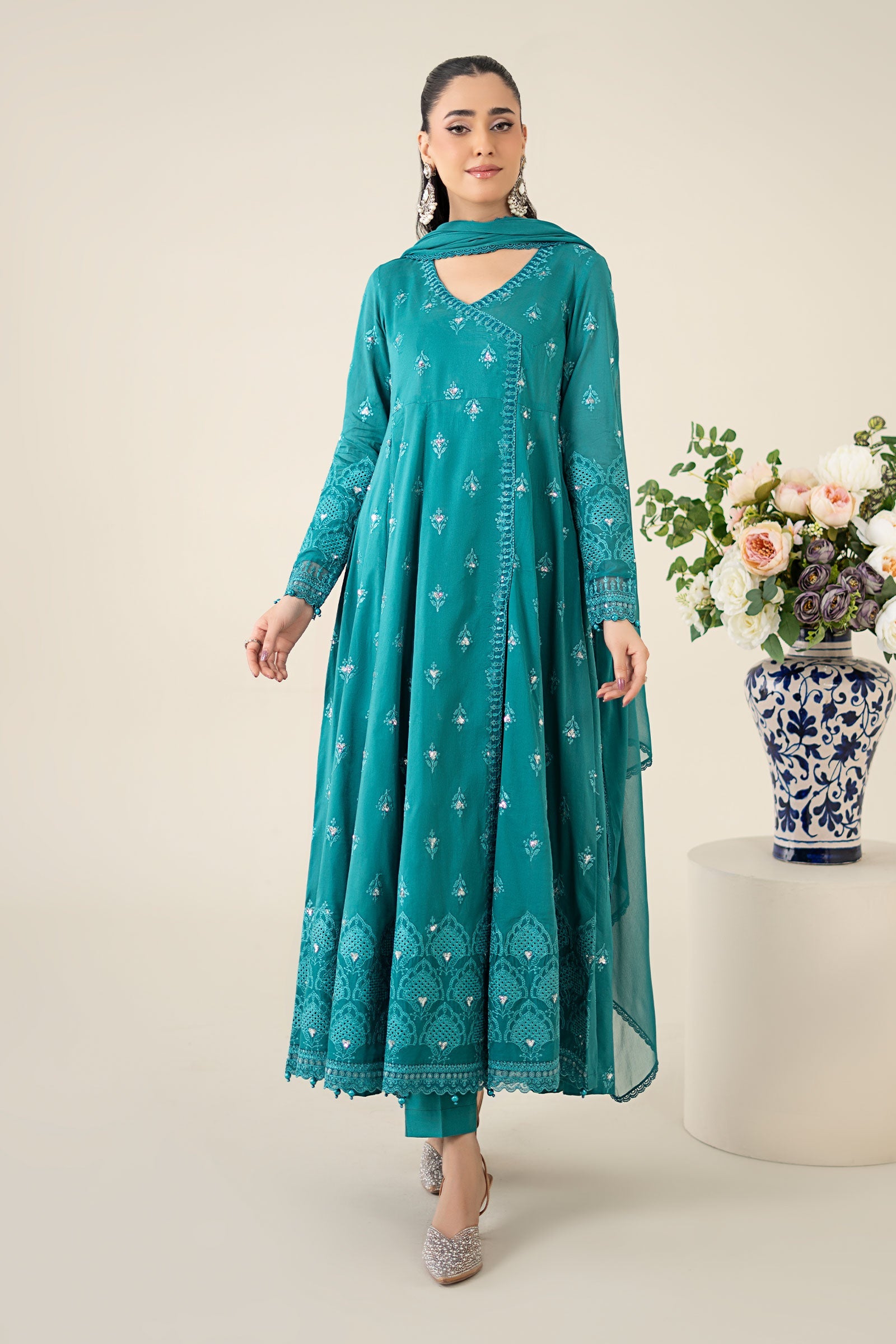 Pakistani Teal Embroidered Lawn & Cambric 3-Piece Suit - Image 5