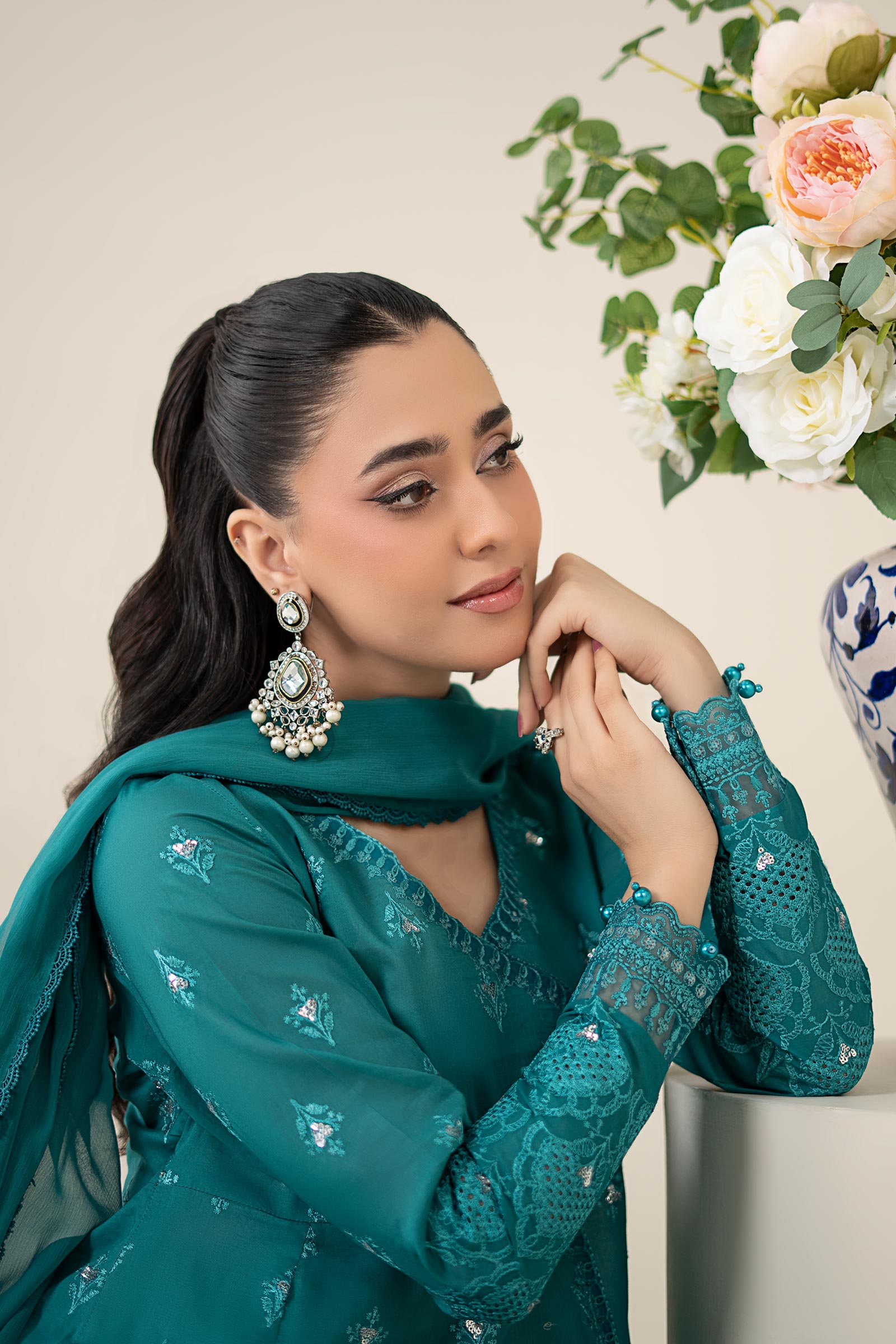 Pakistani Teal Embroidered Lawn & Cambric 3-Piece Suit - Image 6