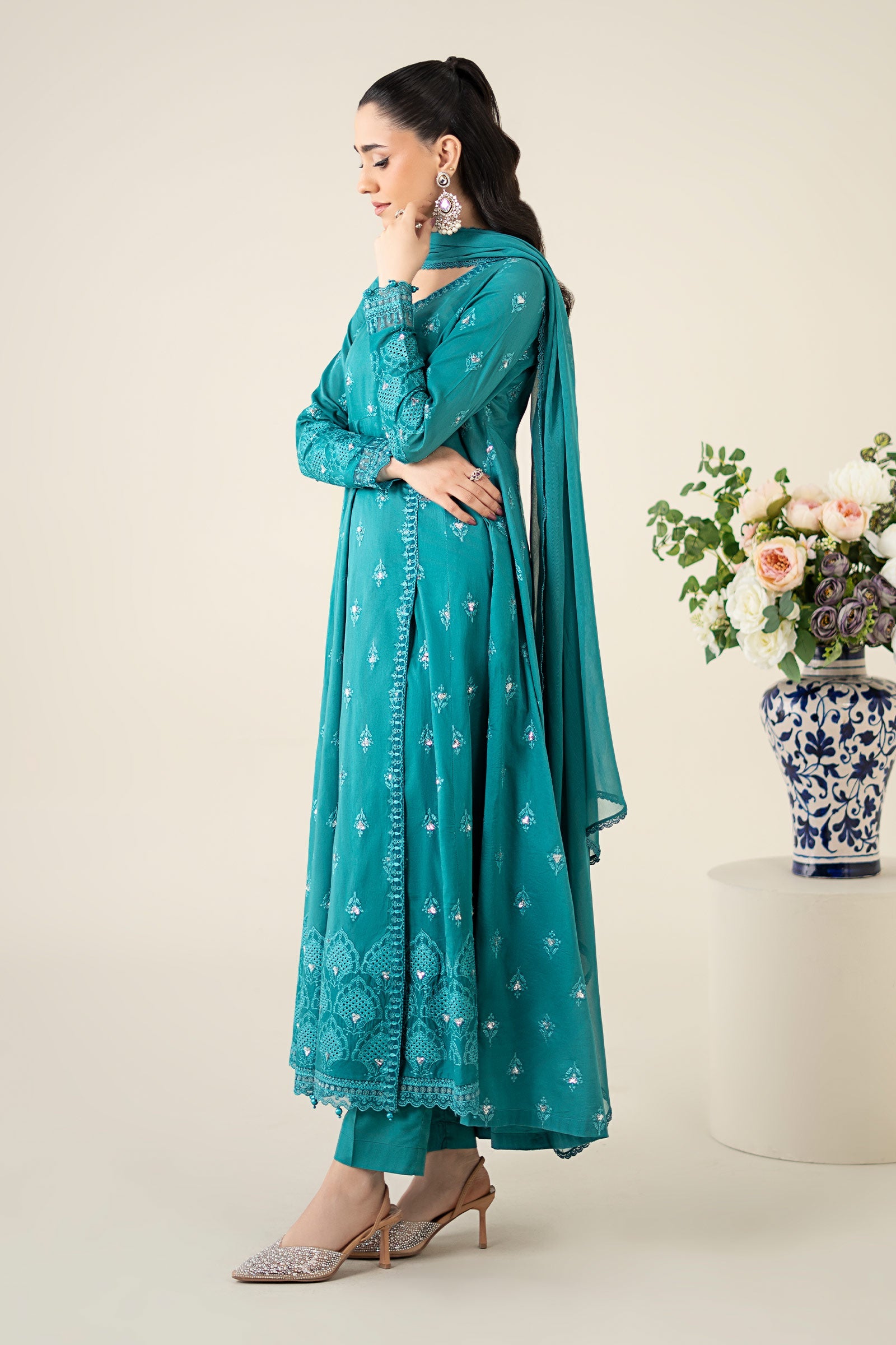 Pakistani Teal Embroidered Lawn & Cambric 3-Piece Suit - Image 7