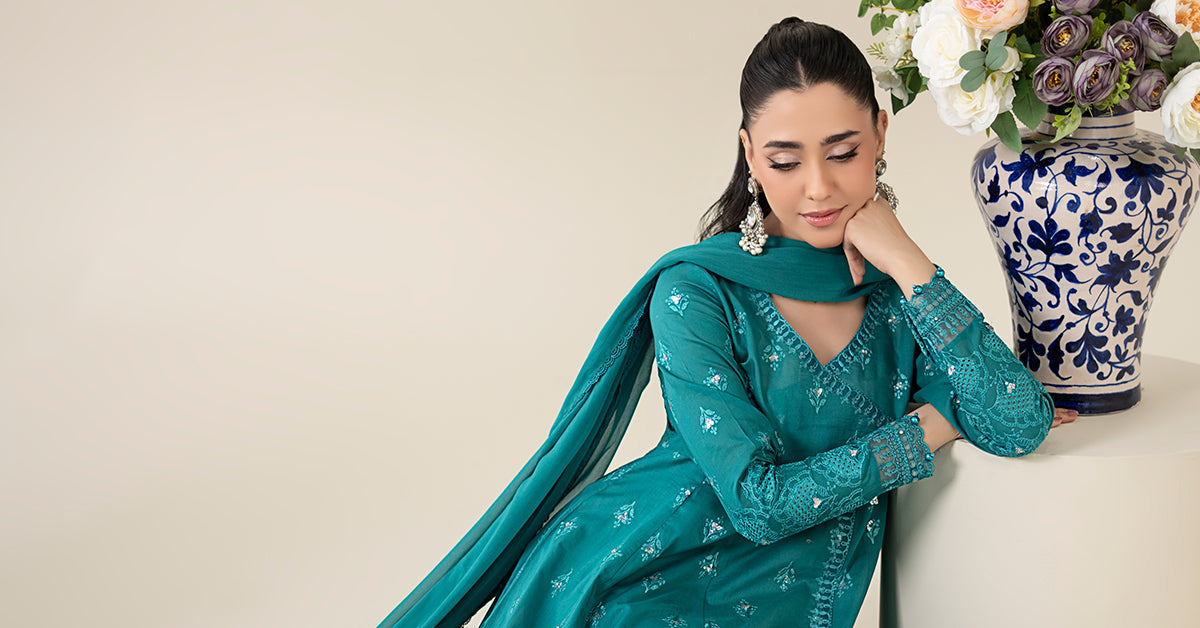 Pakistani Teal Embroidered Lawn & Cambric 3-Piece Suit - Image 8