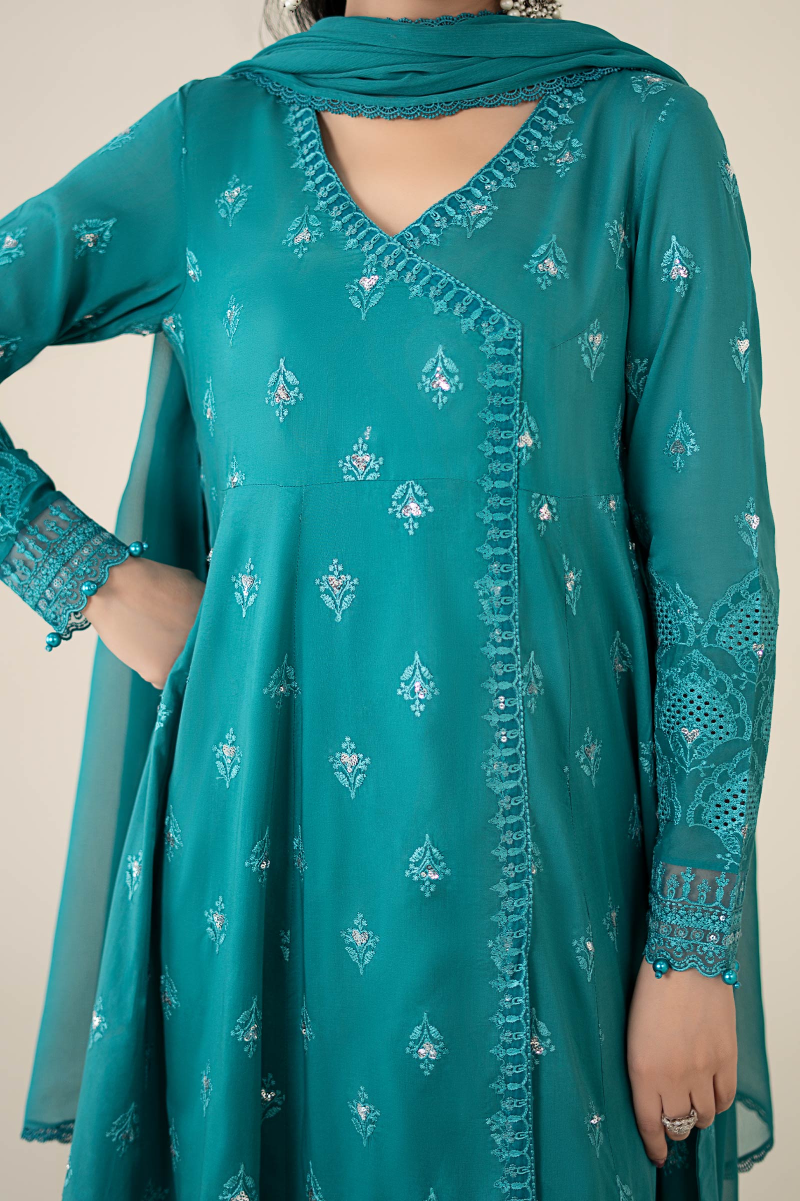 Pakistani Teal Embroidered Lawn & Cambric 3-Piece Suit - Image 9
