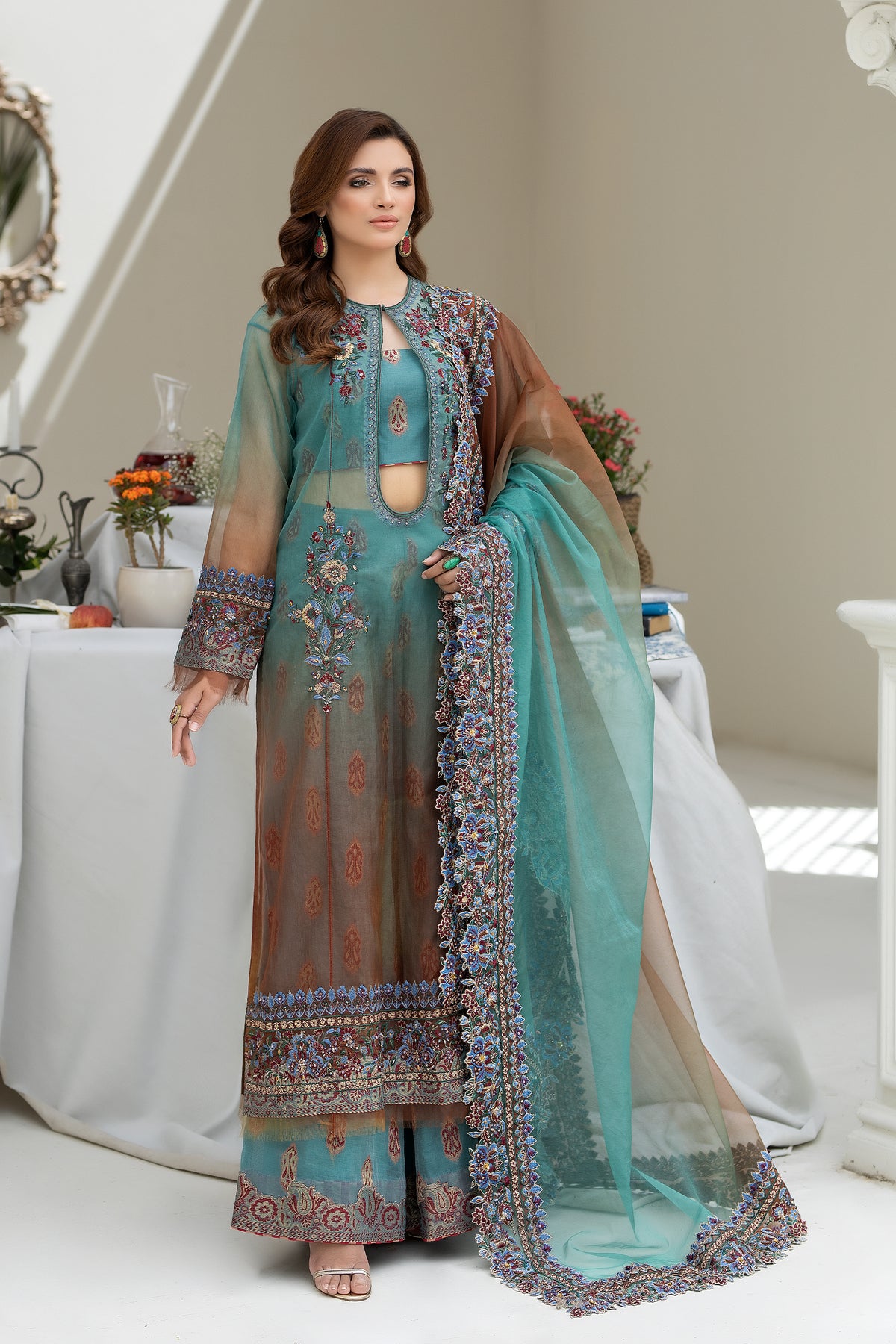 Teal and Rust Embroidered Organza Salwar Kameez (3-Piece) - Image 1