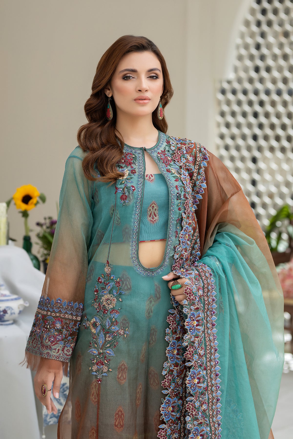 Teal and Rust Embroidered Organza Salwar Kameez (3-Piece) - Image 2