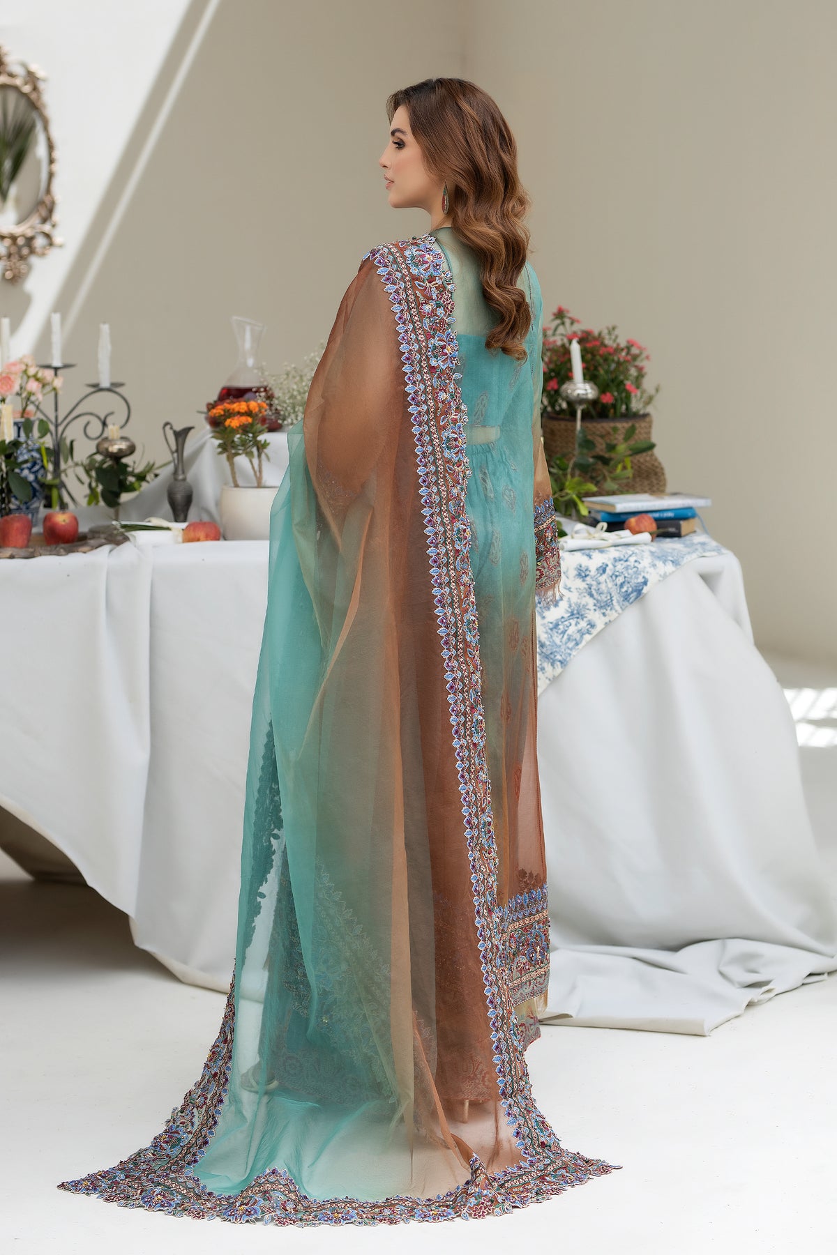 Teal and Rust Embroidered Organza Salwar Kameez (3-Piece) - Image 3