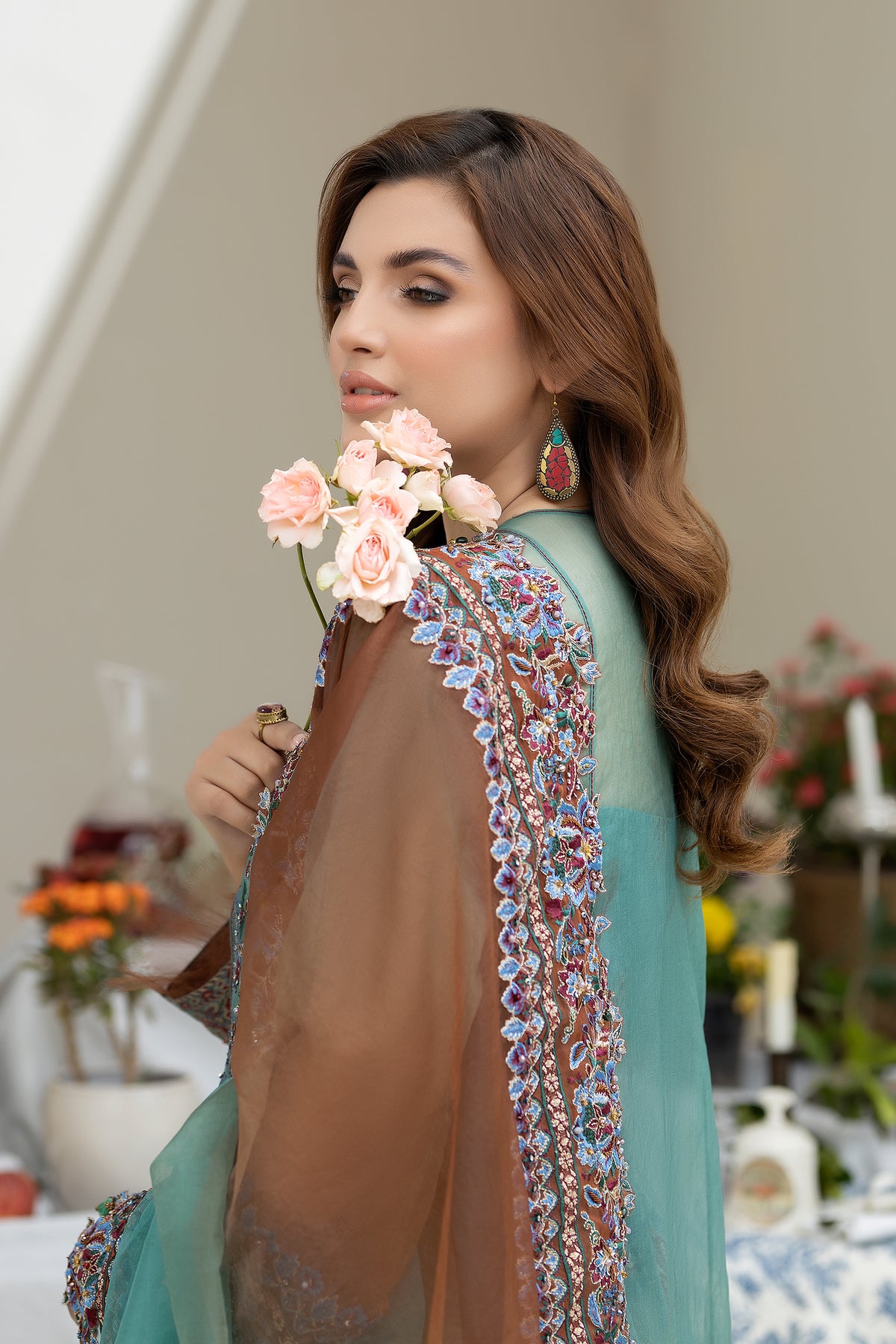 Teal and Rust Embroidered Organza Salwar Kameez (3-Piece) - Image 4