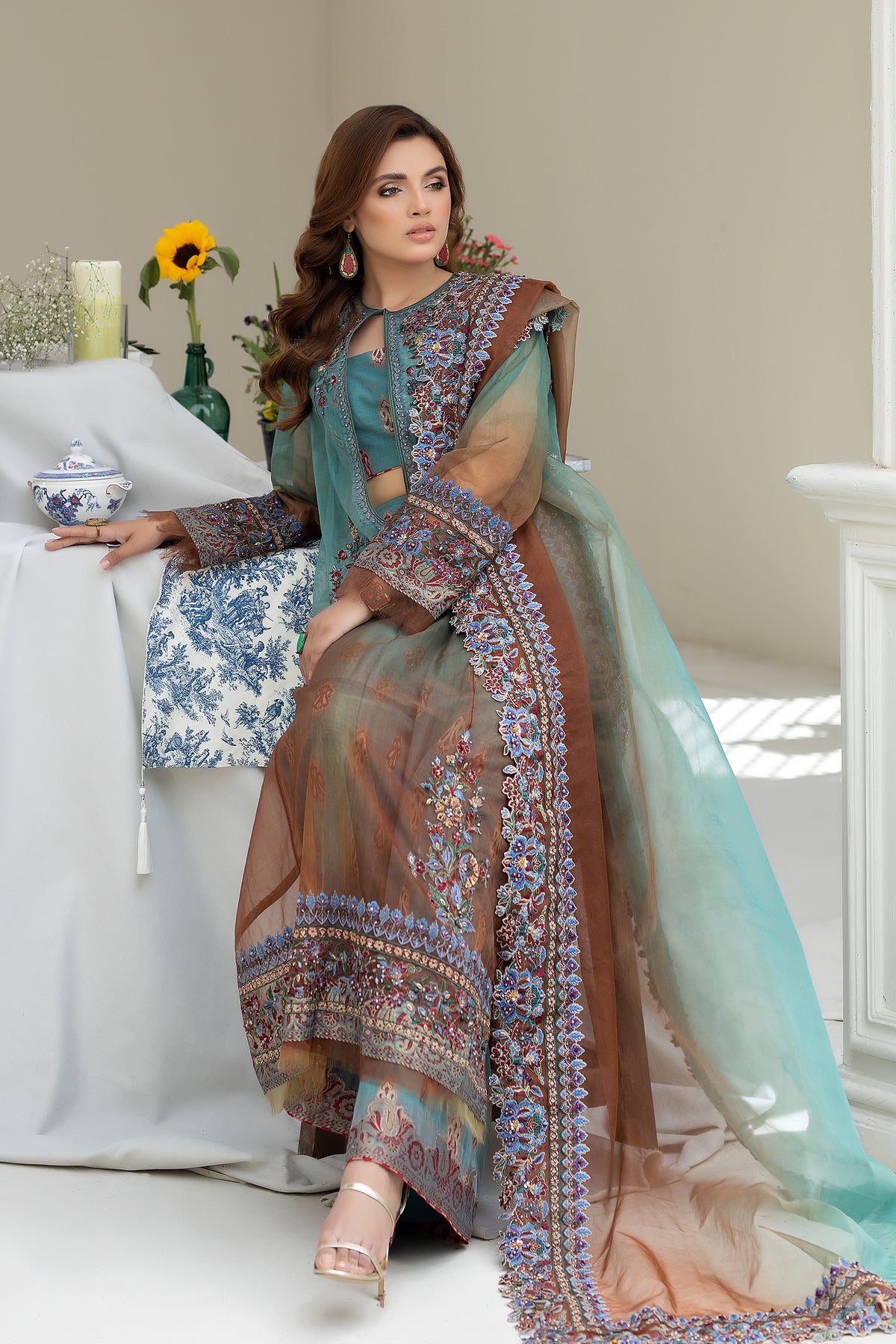 Teal and Rust Embroidered Organza Salwar Kameez (3-Piece) - Image 5