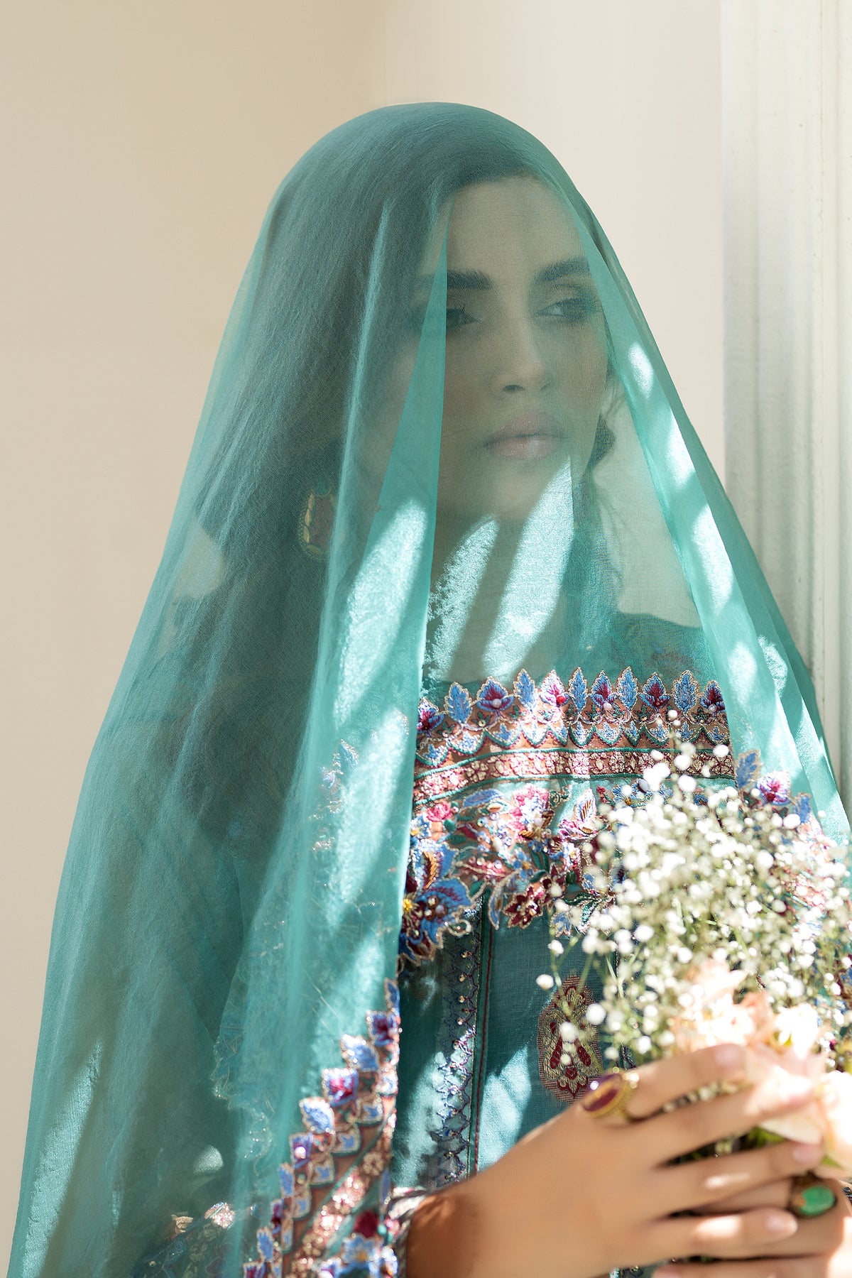 Teal and Rust Embroidered Organza Salwar Kameez (3-Piece) - Image 6