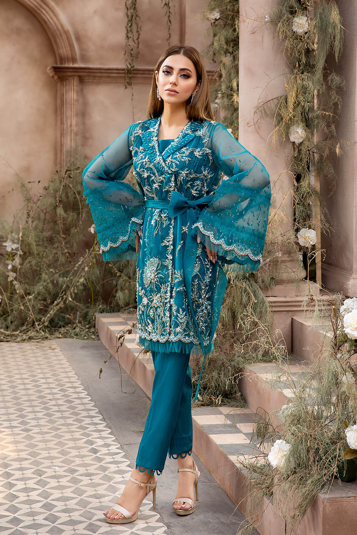 Pakistani Teal Embroidered Organza & Raw Silk Jacket Set (2-Piece) - Image 2