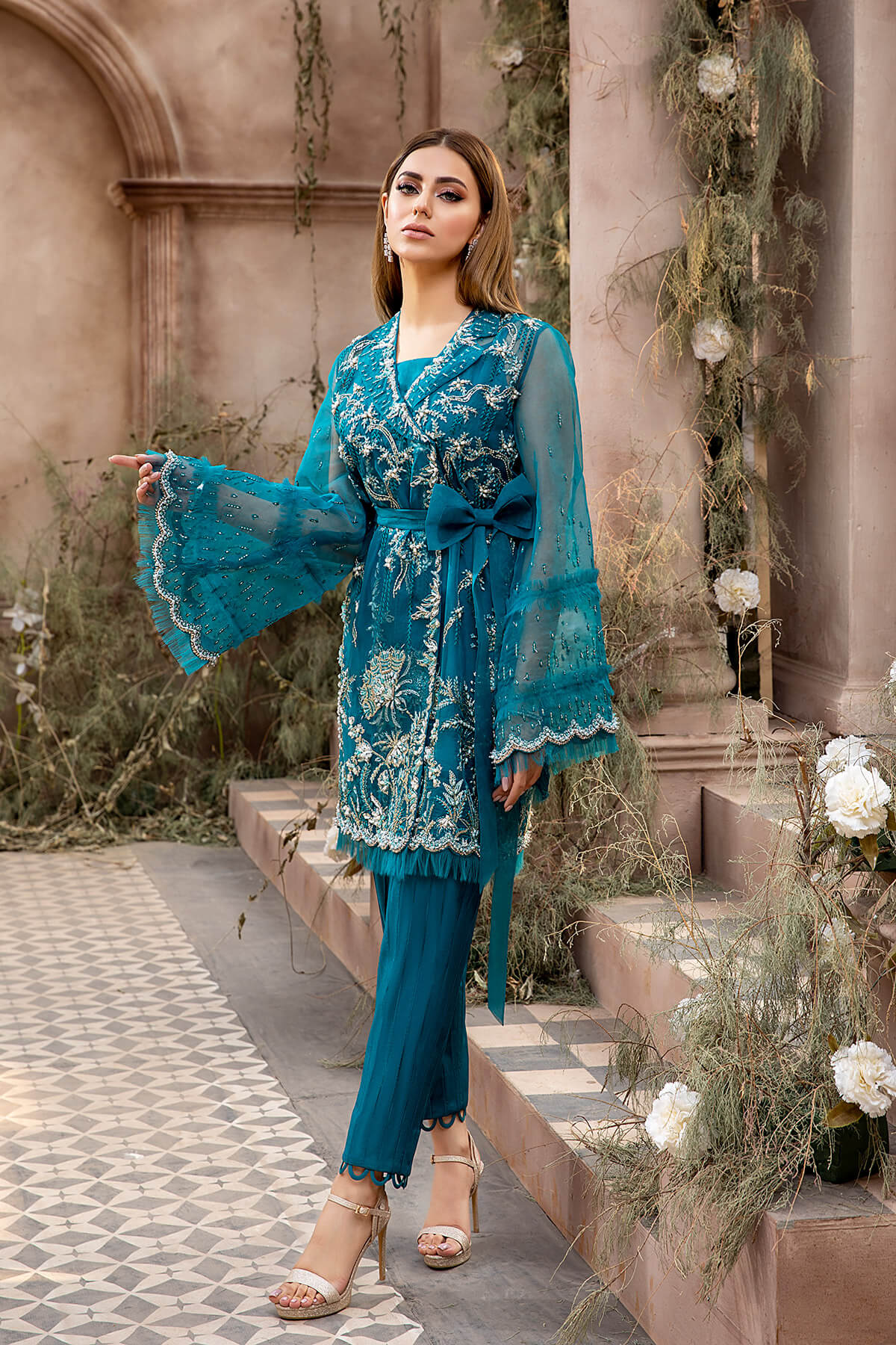 Pakistani Teal Embroidered Organza & Raw Silk Jacket Set (2-Piece) - Image 3