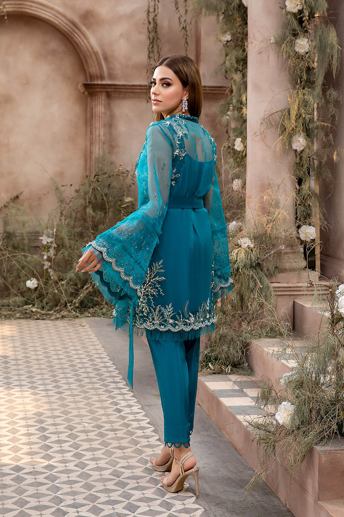 Pakistani Teal Embroidered Organza & Raw Silk Jacket Set (2-Piece) - Image 4
