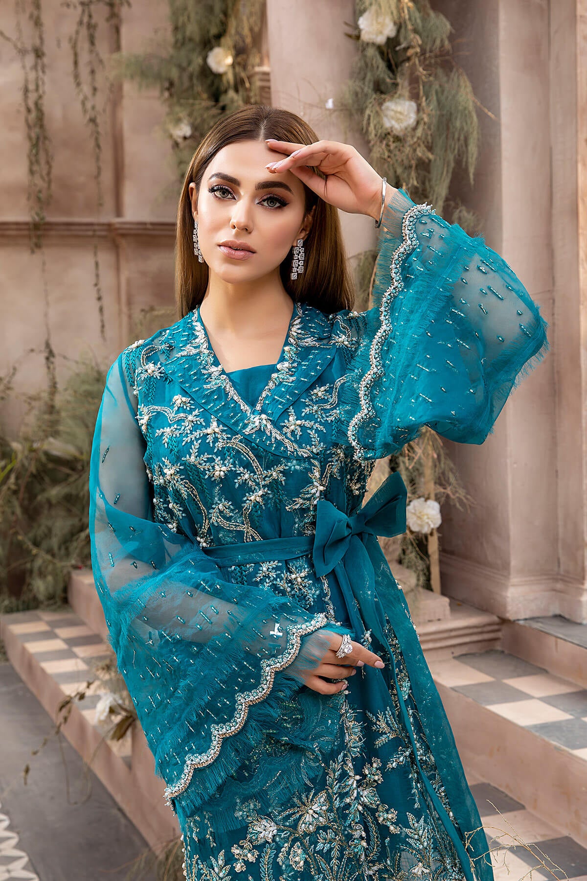 Pakistani Teal Embroidered Organza & Raw Silk Jacket Set (2-Piece) - Image 5