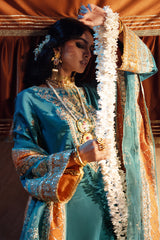 Pakistani Teal Blue Resham & Sequins Shalwar Kameez (3-Piece) - Image 4