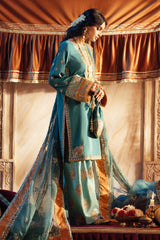 Pakistani Teal Blue Resham & Sequins Shalwar Kameez (3-Piece) - Image 7