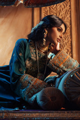 Pakistani Teal Blue Resham & Sequins Shalwar Kameez (3-Piece) - Image 8