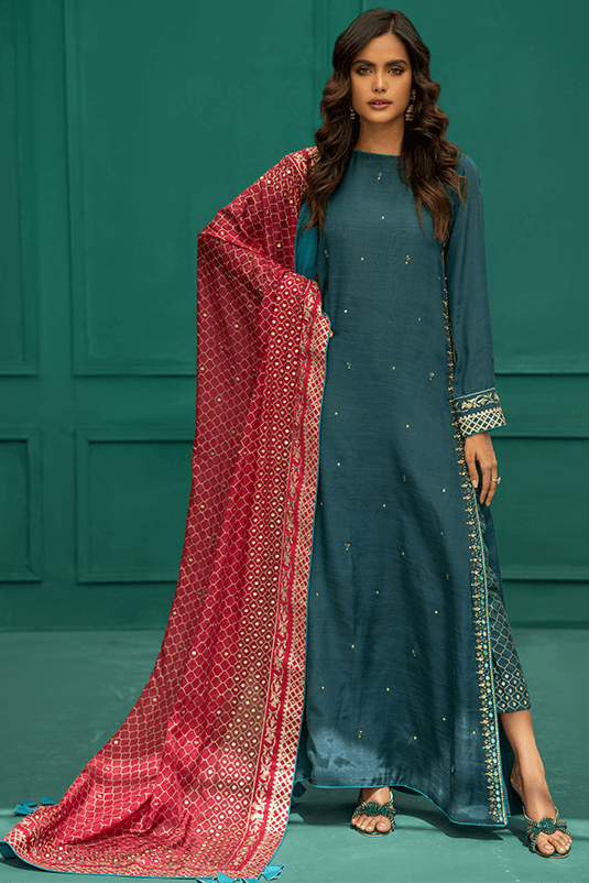 Teal Embroidered PK Raw Silk Salwar Kameez (3-Piece) - Image 2