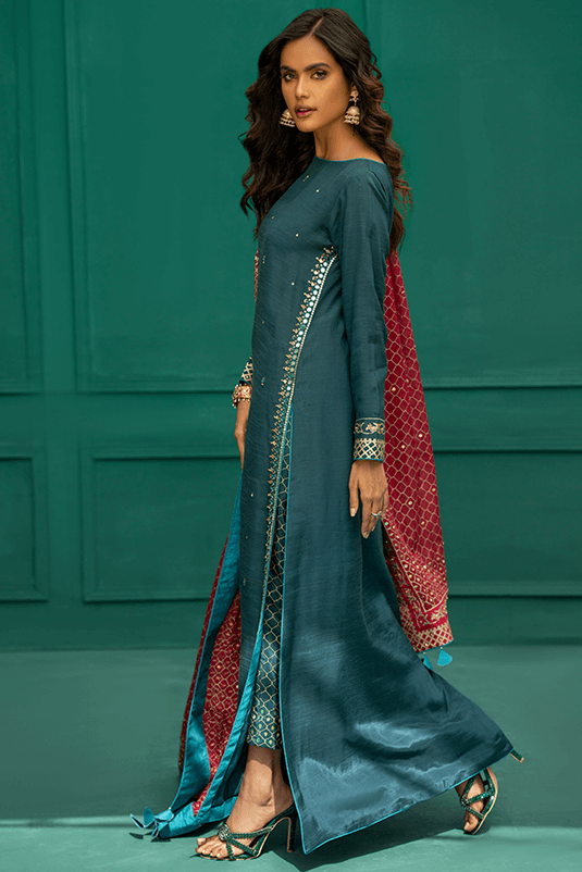 Teal Embroidered PK Raw Silk Salwar Kameez (3-Piece) - Image 3