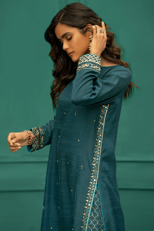 Teal Embroidered PK Raw Silk Salwar Kameez (3-Piece) - Image 4