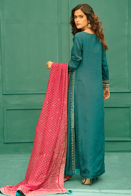 Teal Embroidered PK Raw Silk Salwar Kameez (3-Piece) - Image 5