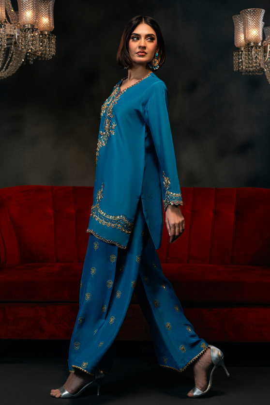 Teal Hand-Embroidered Ramon Silk Short Shirt & Flared Pant (3-Piece) - Image 1