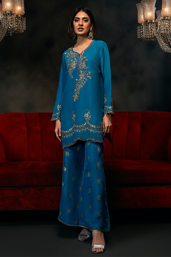 Teal Hand-Embroidered Ramon Silk Short Shirt & Flared Pant (3-Piece) - Image 3