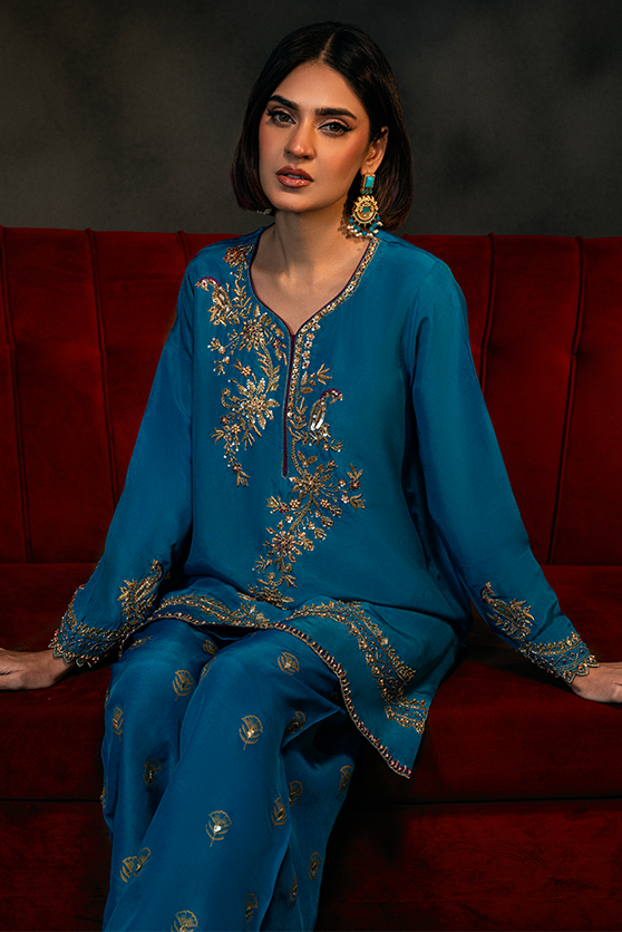 Teal Hand-Embroidered Ramon Silk Short Shirt & Flared Pant (3-Piece) - Image 4