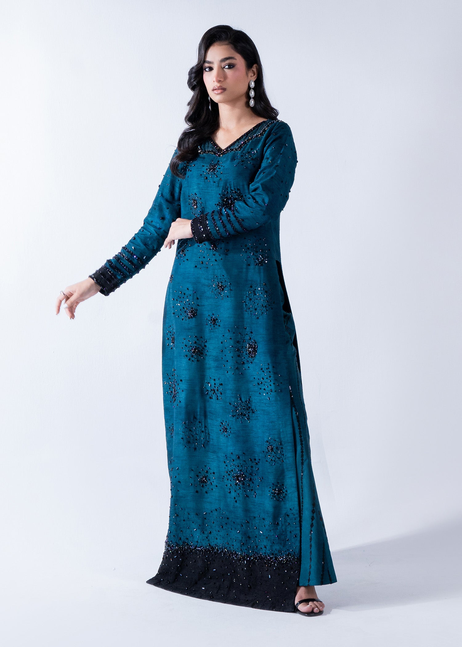 Teal Beaded Korean Raw Silk Salwar Kameez (3-Piece) - Image 1