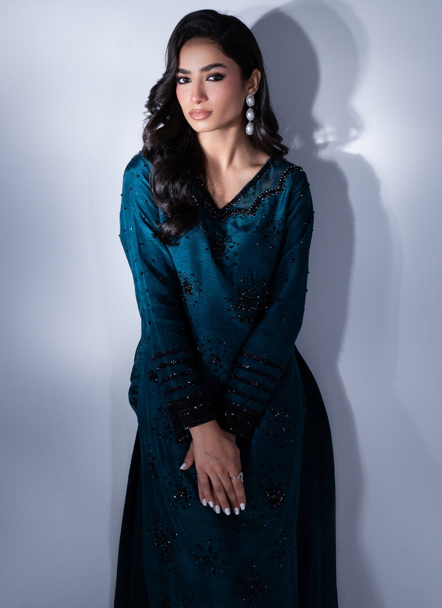 Teal Beaded Korean Raw Silk Salwar Kameez (3-Piece) - Image 3