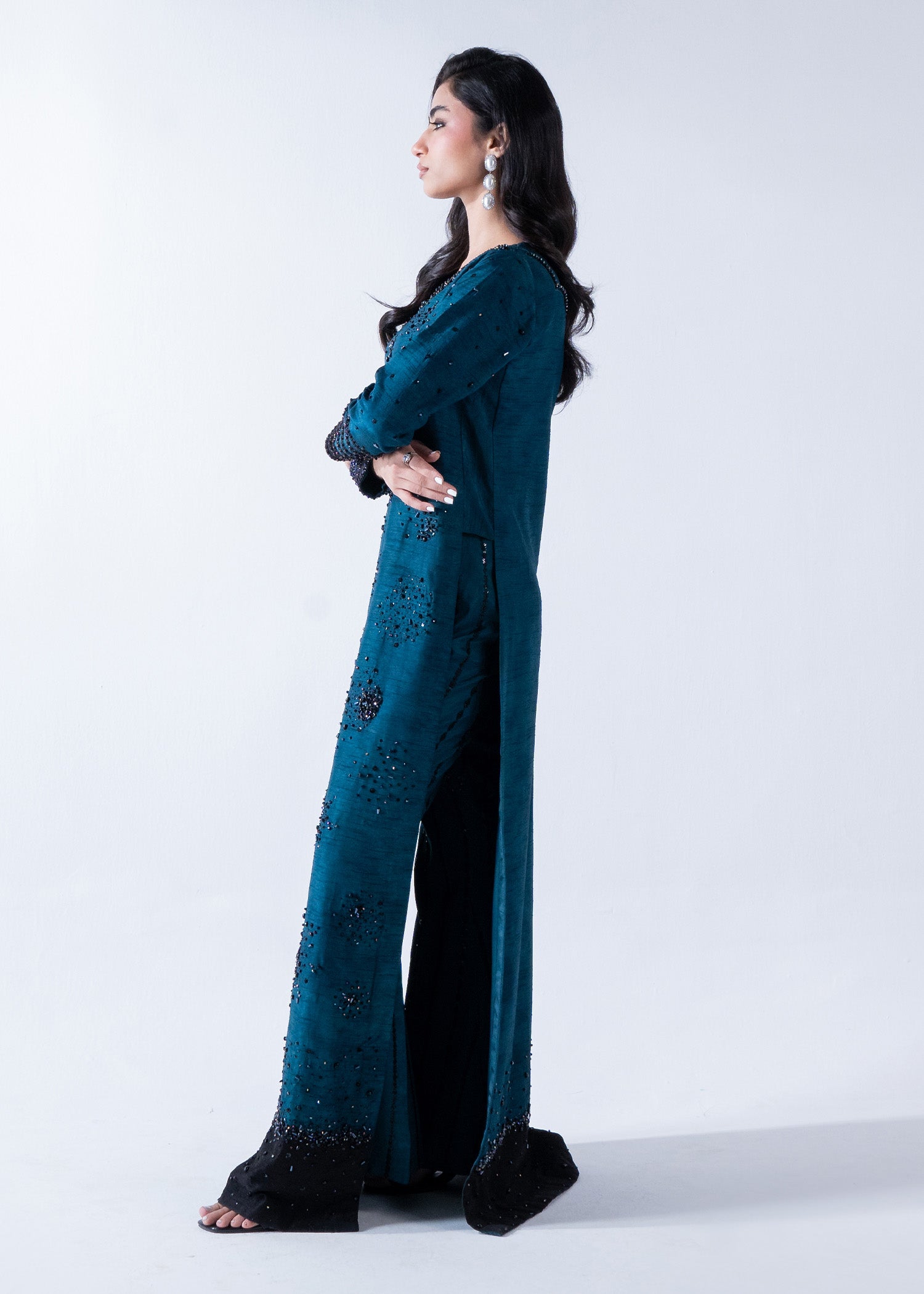 Teal Beaded Korean Raw Silk Salwar Kameez (3-Piece) - Image 5