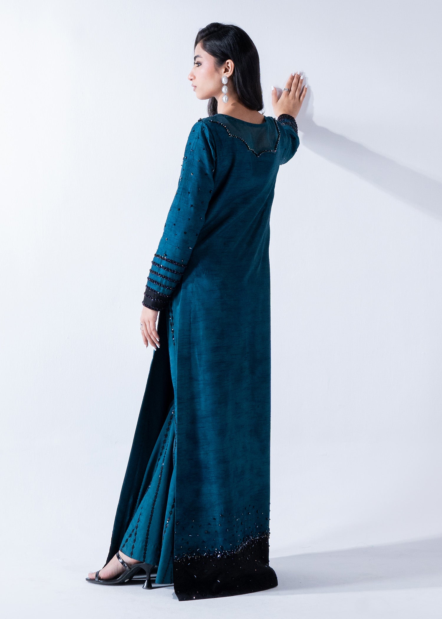 Teal Beaded Korean Raw Silk Salwar Kameez (3-Piece) - Image 6