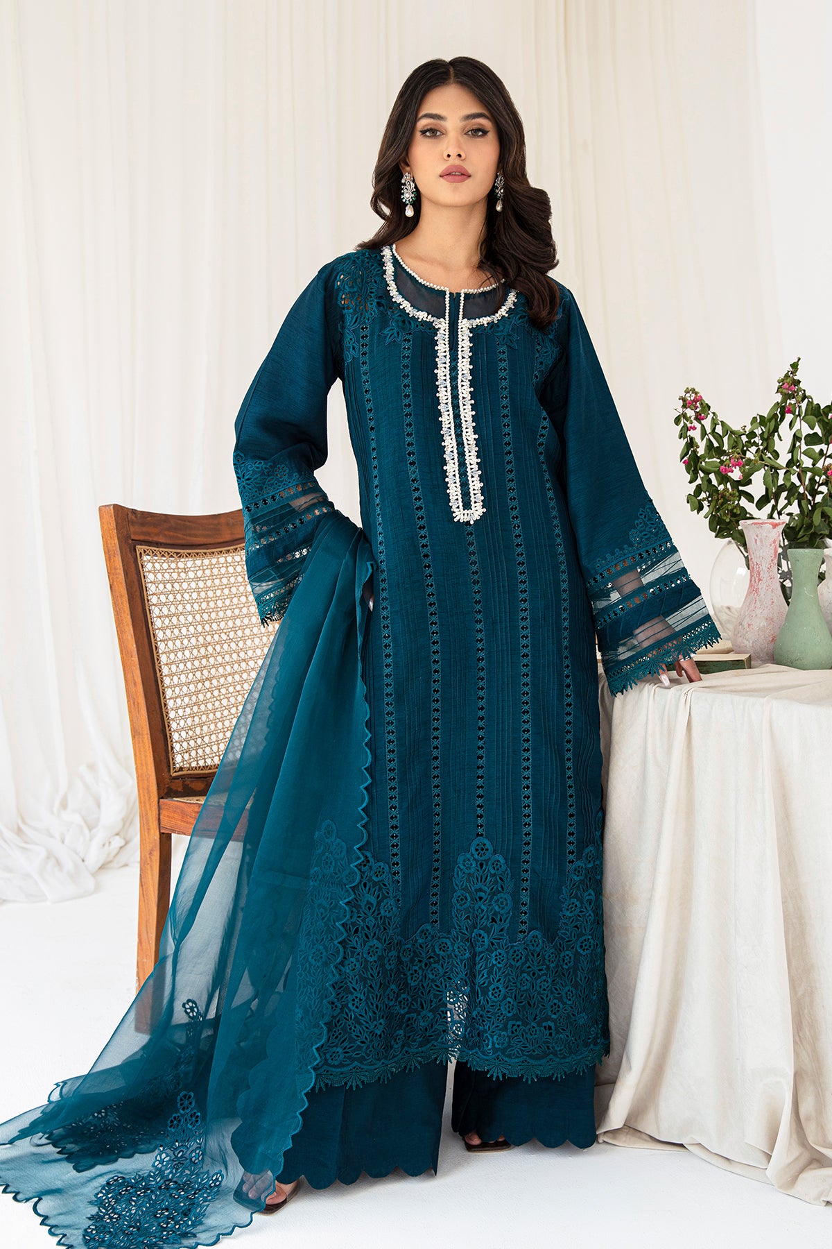 Pakistani Teal Cutwork Embroidered Korean Raw Silk Kurta Set (3-Piece) - Image 1