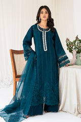 Pakistani Teal Cutwork Embroidered Korean Raw Silk Kurta Set (3-Piece) - Image 2