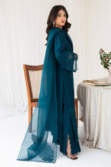 Pakistani Teal Cutwork Embroidered Korean Raw Silk Kurta Set (3-Piece) - Image 3