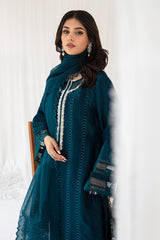 Pakistani Teal Cutwork Embroidered Korean Raw Silk Kurta Set (3-Piece) - Image 4
