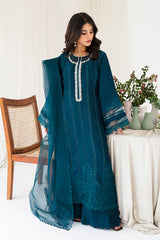 Pakistani Teal Cutwork Embroidered Korean Raw Silk Kurta Set (3-Piece) - Image 5