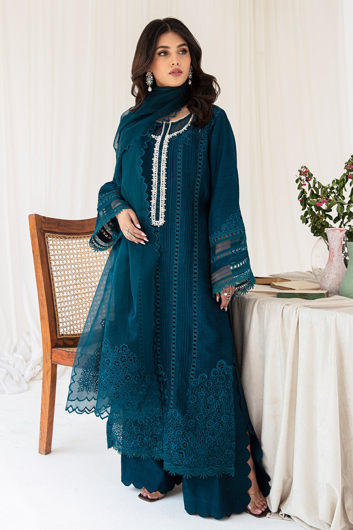 Pakistani Teal Cutwork Embroidered Korean Raw Silk Kurta Set (3-Piece) - Image 6