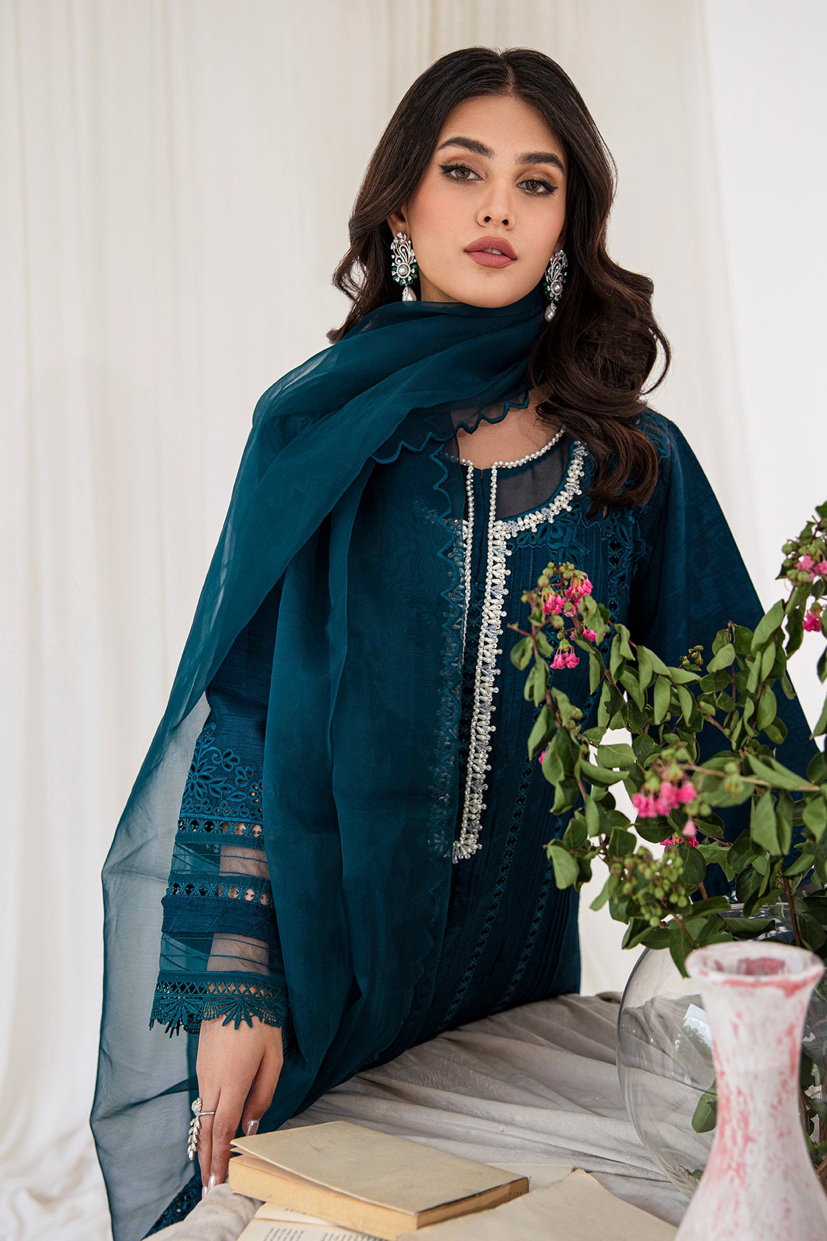 Pakistani Teal Cutwork Embroidered Korean Raw Silk Kurta Set (3-Piece) - Image 7