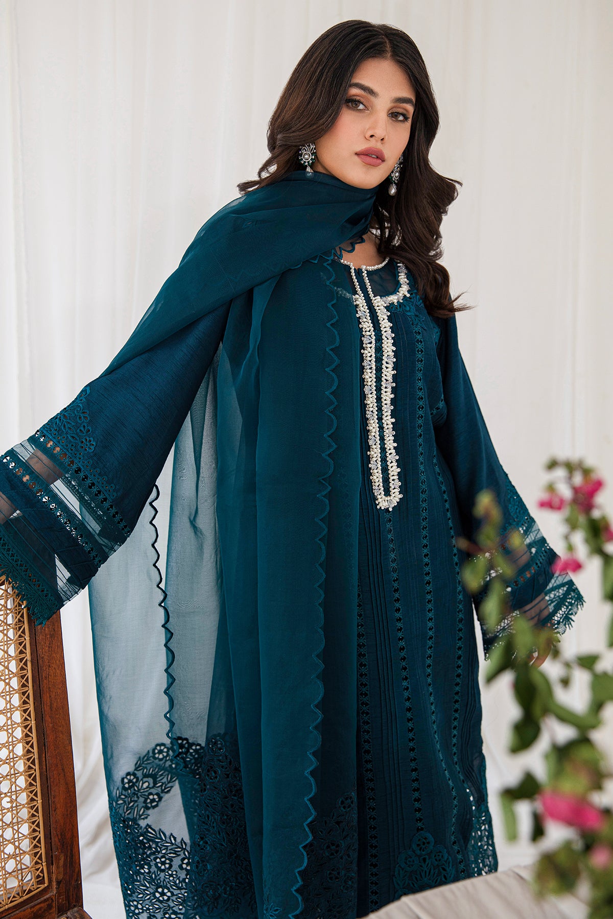 Pakistani Teal Cutwork Embroidered Korean Raw Silk Kurta Set (3-Piece) - Image 8
