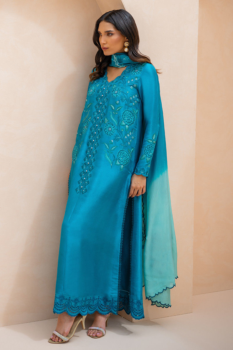 Pakistani Teal Embroidered Raw Silk Salwar Kameez (3-Piece) - Image 1