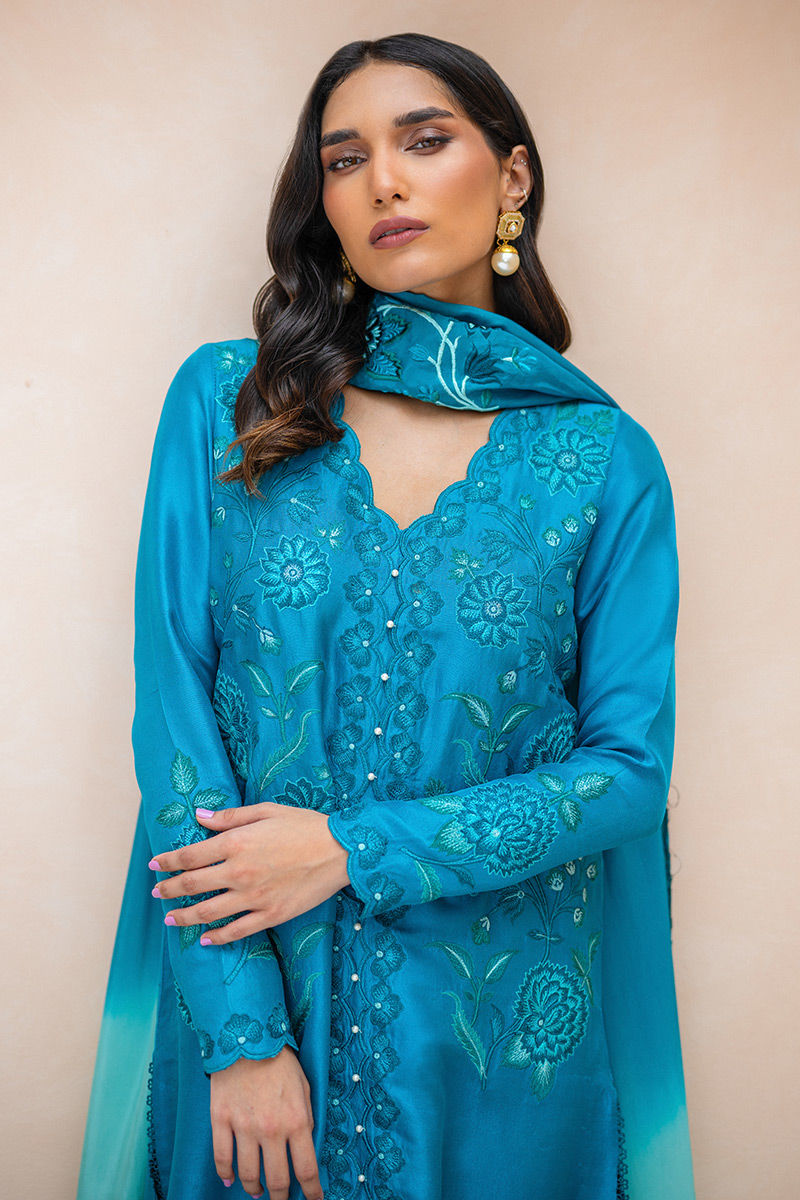 Pakistani Teal Embroidered Raw Silk Salwar Kameez (3-Piece) - Image 2
